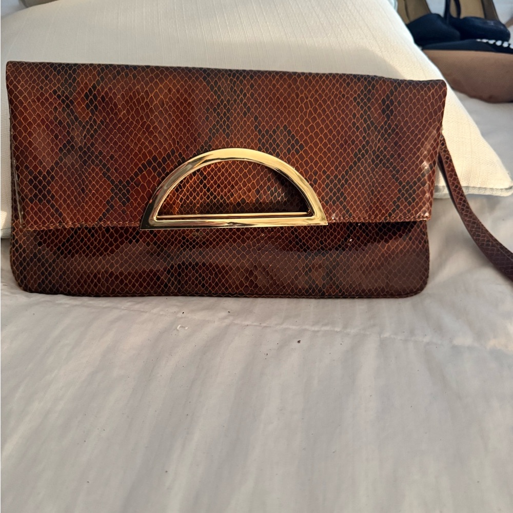 White House Black Market Brown Clutch with Gold Detail